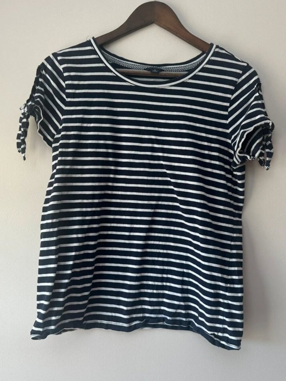 Nautica Women’s Medium Navy White Stripe Tie Sleeve Cotton T-Shirt Coastal